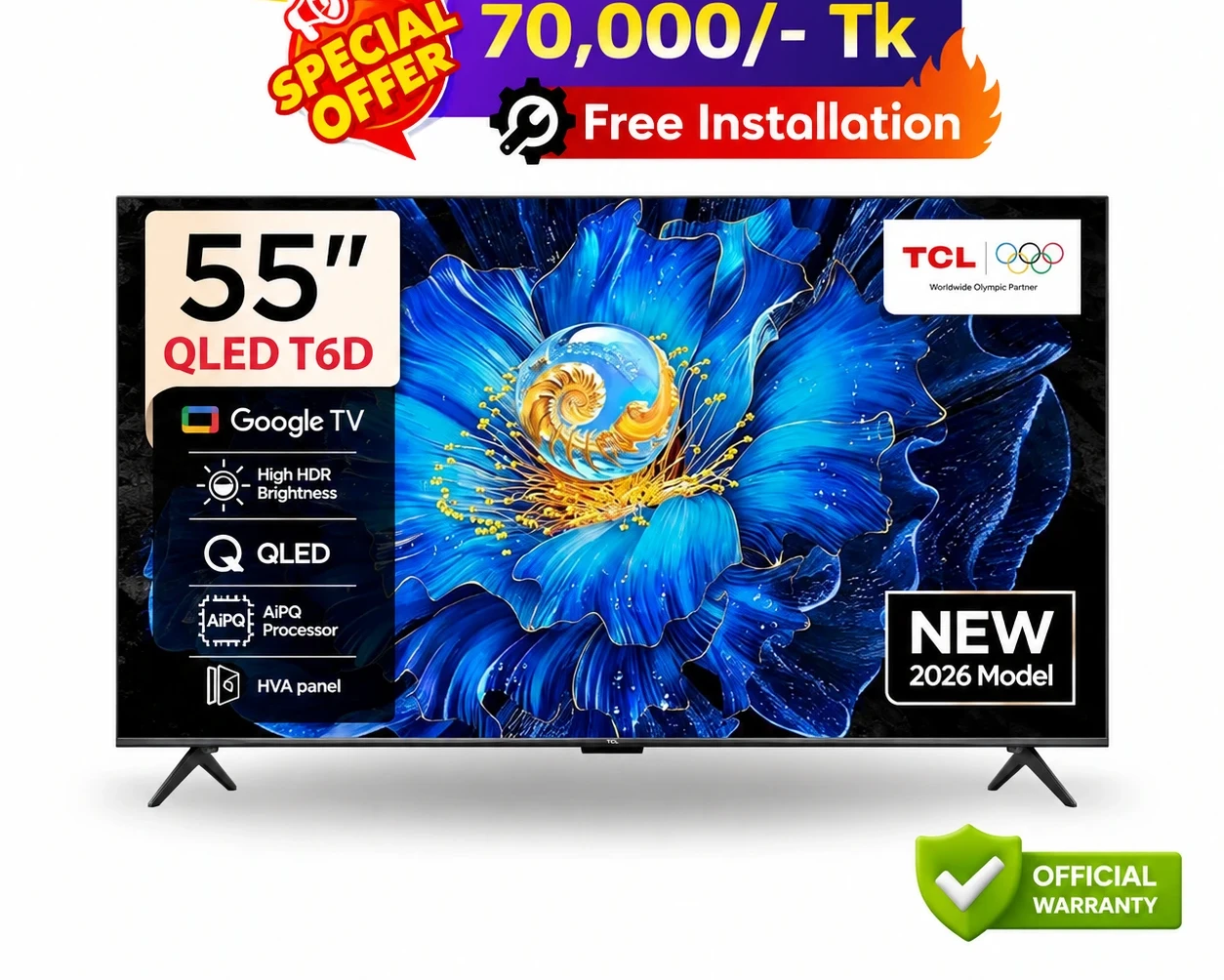 TCL 55 Inch QLED Voice Control 4k Google TV (55T6D)